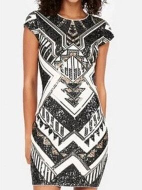 EXPRESS Women Deco Sequin Aztec Black Gold Cap Sleeve Cotton Sheath Dress Medium